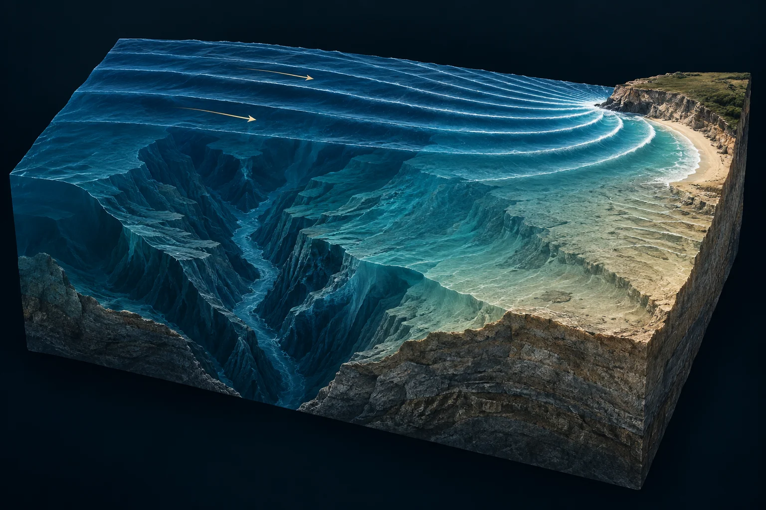 Deep canyon. Shallow shelf. Energy converges near the coast