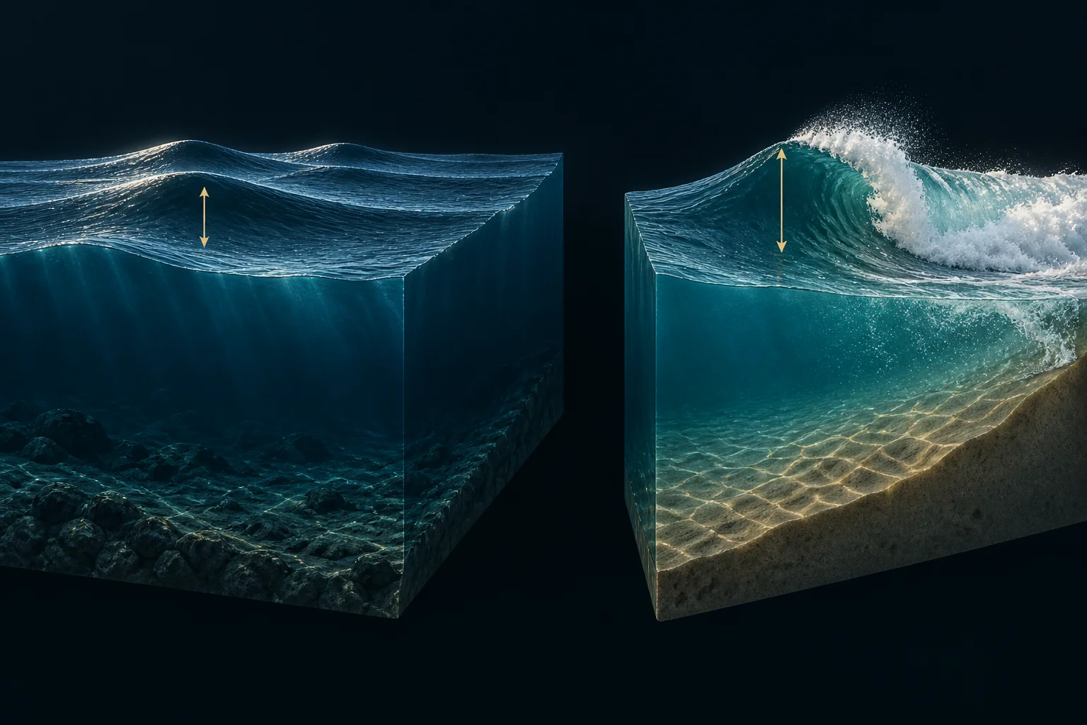 Offshore swell. Breaking wave face. No fixed conversion between the two