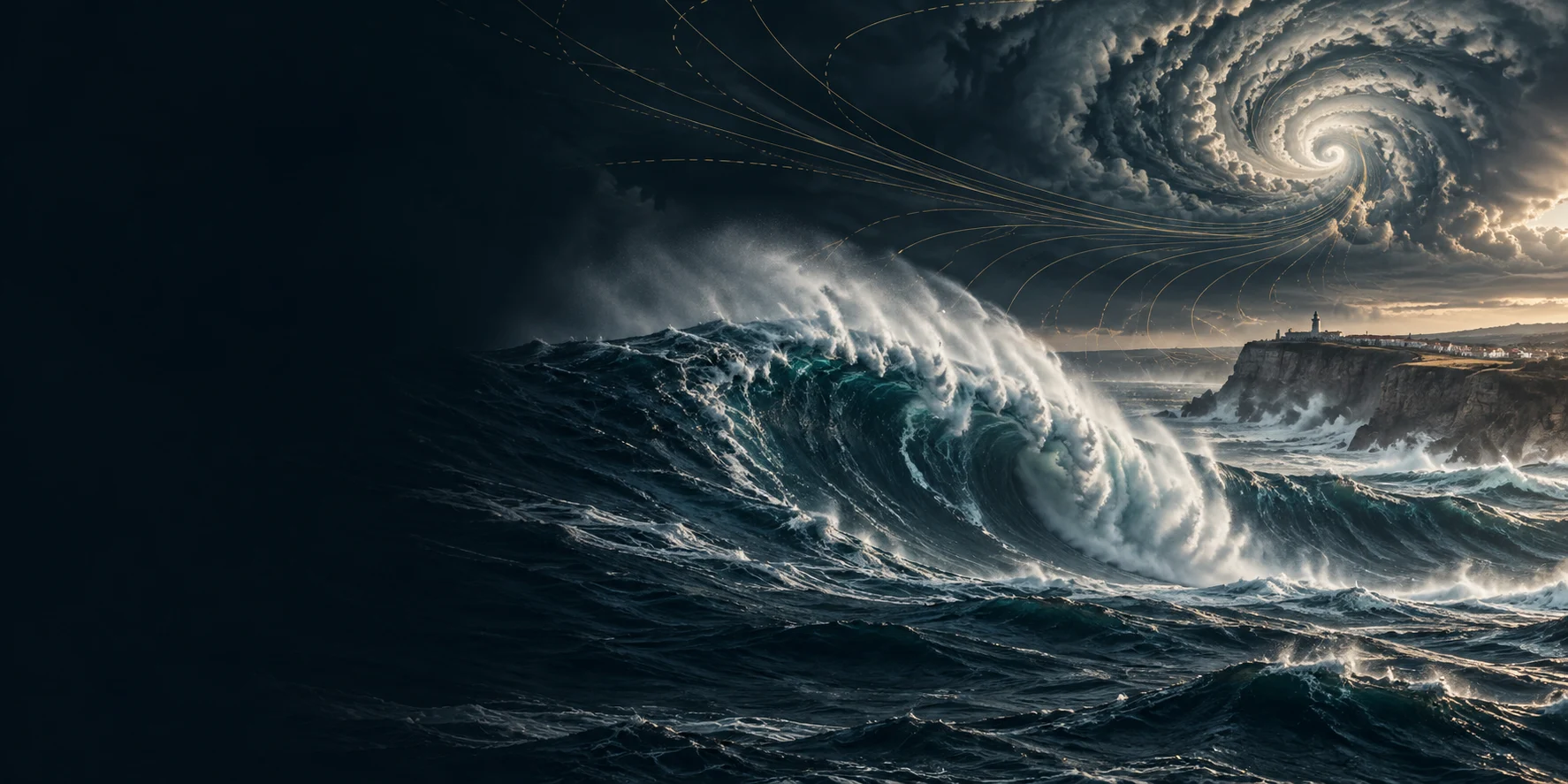 Conceptual winter Atlantic scene with a giant swell, storm clouds and paths of wave energy