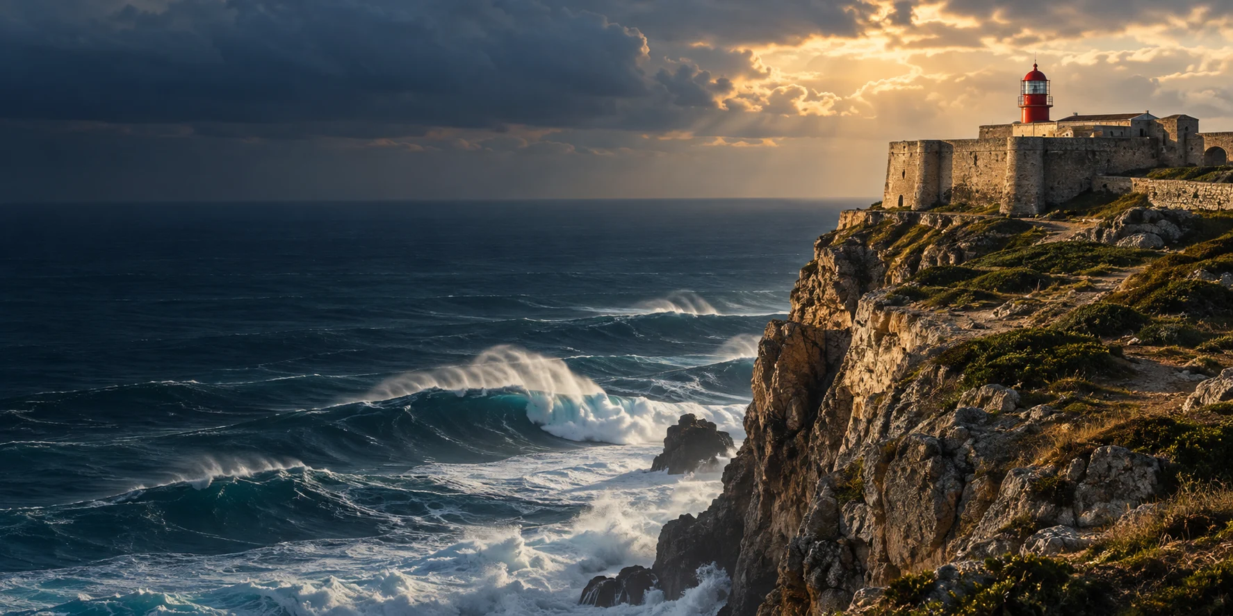 Illustration of a coastal fort with a red lighthouse overlooking Atlantic swell from a high rocky promontory